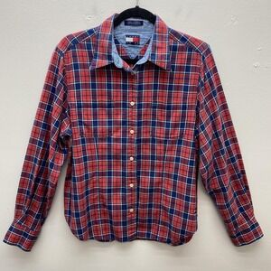 Tommy Jeans Shirt Womens 14 Red Blue Plaid Button Up Long Sleeve 100% Cotton